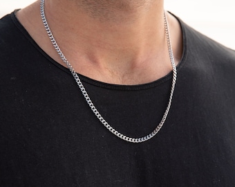 Mens Silver Necklace - High Quality Stainless Steel Necklace Chain for Men - Birthday Present for Him (Silver, Plain Coil Necklace)