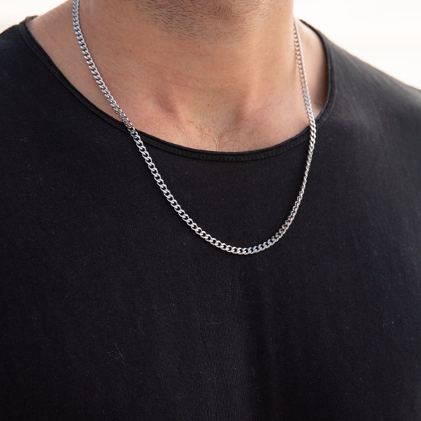 Mens Silver Necklace - High Quality Stainless Steel Necklace Chain for Men - Birthday Present for Him (Silver, Plain Coil Necklace)