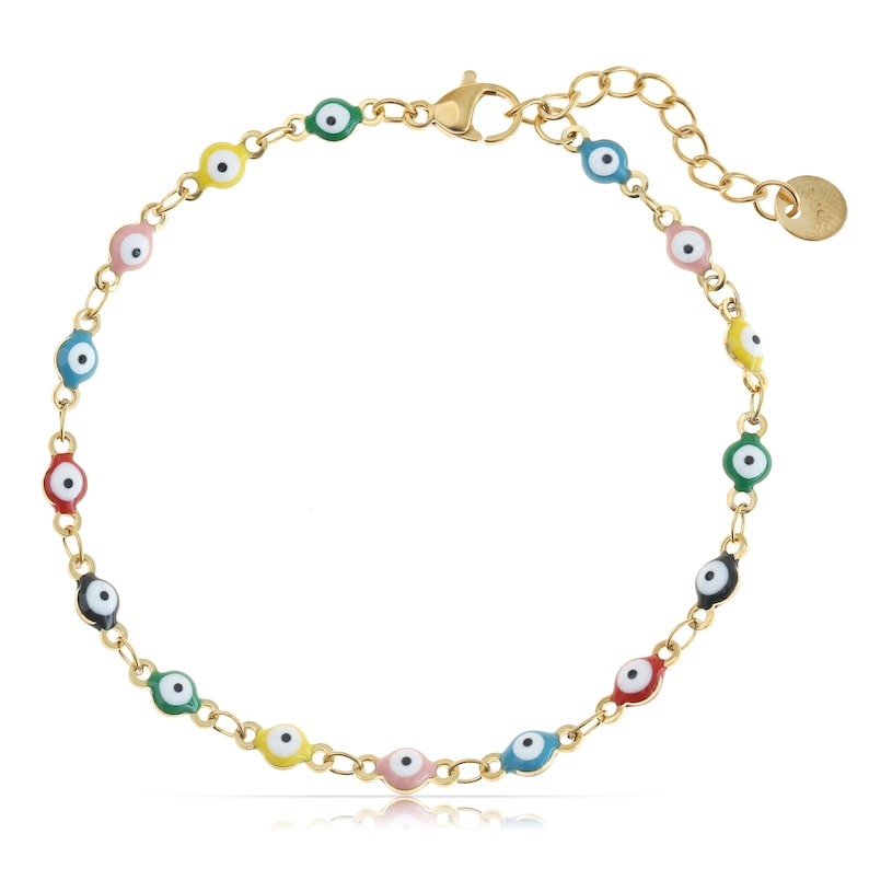 K&ouml;nnte beinhalten: Ein goldenes Kettenarmband mit bunten b&ouml;sen Augen-Anh&auml;ngern. Das Armband hat einen Karabinerverschluss und eine Verl&auml;ngerungskette.