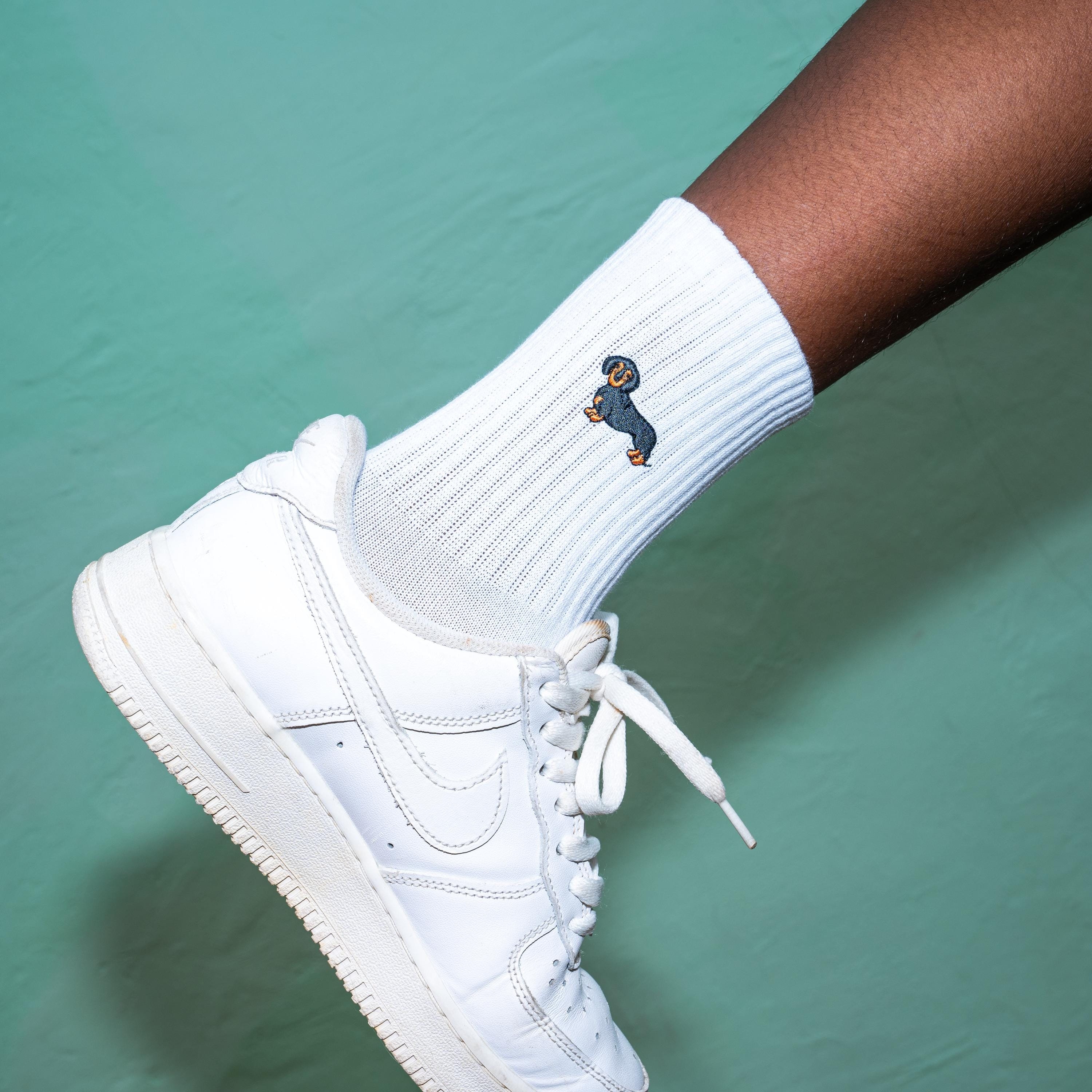 Funny Socks Women & Men • Sausage Dog Socks • Embroidered Socks • White Tennis Socks • Crew Socks with Motif