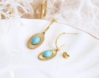 Orecchini Pendenti In Acciaio Inox Oro Con Sole E Pietra Turchese - Made By Nami - Gioielli Boho Donna Impermeabili