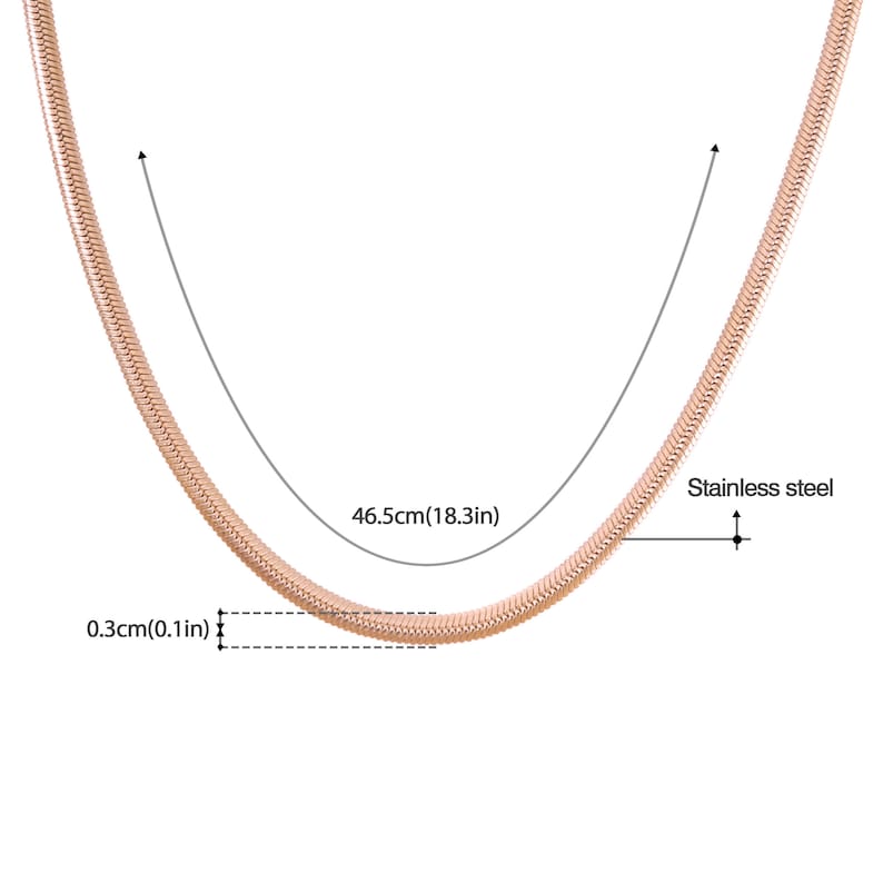 May include: A rose gold snake chain necklace made of stainless steel. The necklace is 18.3 inches long and 0.1 inches wide.