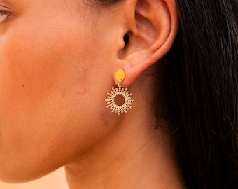Set Ohrringe Hängend Gold • Hängende Ohrringe Sonne • Gold Ohrringe Mandala • Geschenk für Sie • Boho Schmuck • Festival Schmuck Sommer