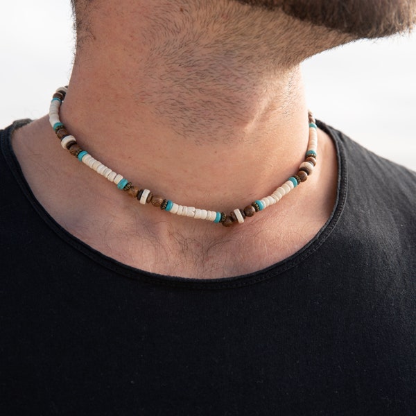 Surfer Necklace with Coconut Wood Beads - Men's Beach Necklace - Surfer Festival Jewelry - Beaded Hippie Necklace - Waterproof