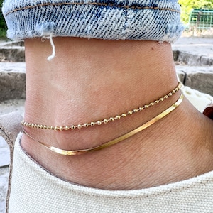 Snake Design Anklet Gold Rosé Silver Thin Womens Anklet Minimalist Ankle Chain Bracelet Adjustable & Waterproof Gift for Her Gold Beads