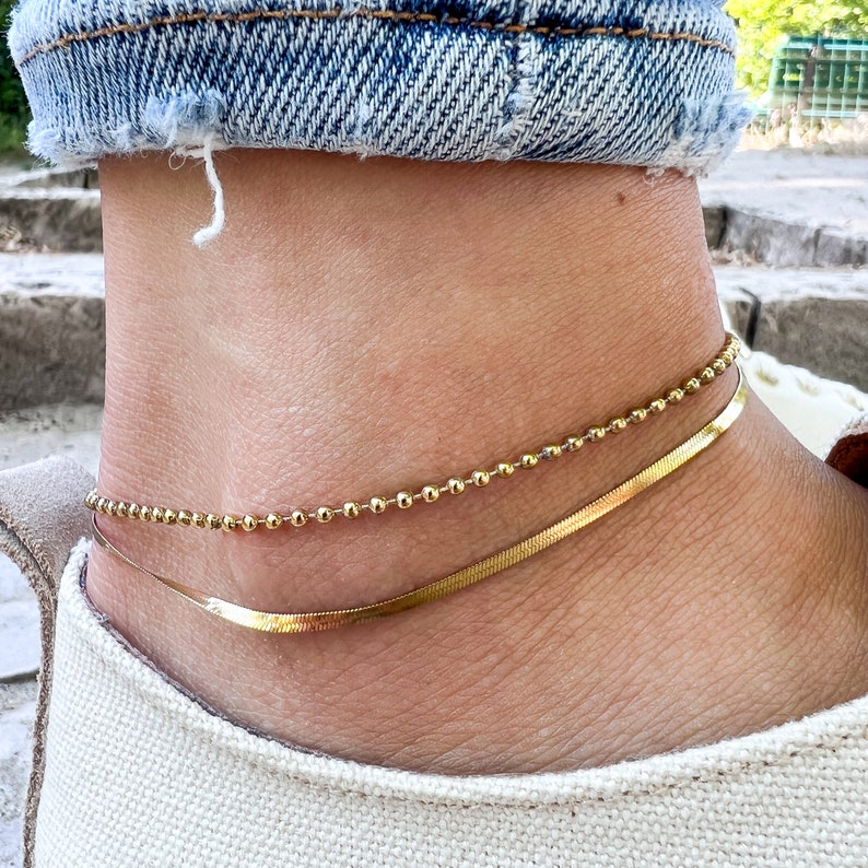 Snake Design Anklet Gold Rosé Silver Thin Womens Anklet Minimalist Ankle Chain Bracelet Adjustable & Waterproof Gift for Her Gold Beads