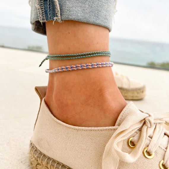 Surfer Strand Fußband Set für Herren  Damen - Boho Ethno Fußkettchen Männer Frauen - Handmade Festival Schmuck - Wasserfest & verstellbar R