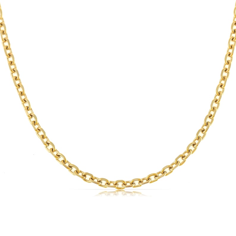May include: A gold chain necklace with a classic curb link design.
