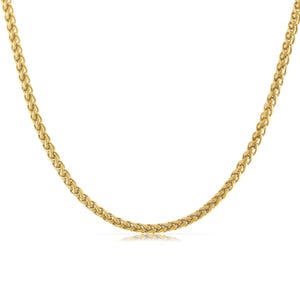May include: A gold chain necklace with a wheat chain pattern.