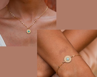 Set Boho Schmuck Damen Halskette + Armband mit Blumen Anhänger • Wasserfest & Verstellbar • Festival Schmuck Strand Sommer