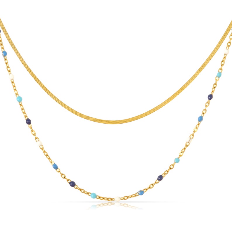 Doppelreihige Choker Kette Damen Schlangenkette mit Perlen Layered Goldkette Boho Schmuck Geschenk für Sie Bild 2