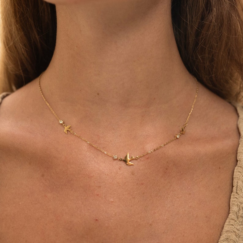 Necklace with Birds & Gemstones Gold Stainless Steel Chain Birds Necklace for Women Communion Gift Delicate Jewelry Minimalist zdjęcie 1