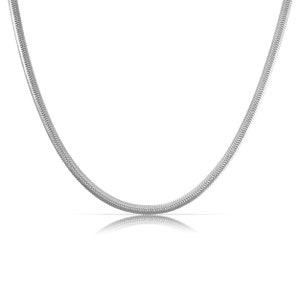May include: A silver snake chain necklace. The chain is made of small, interlocking links that create a smooth, continuous line.