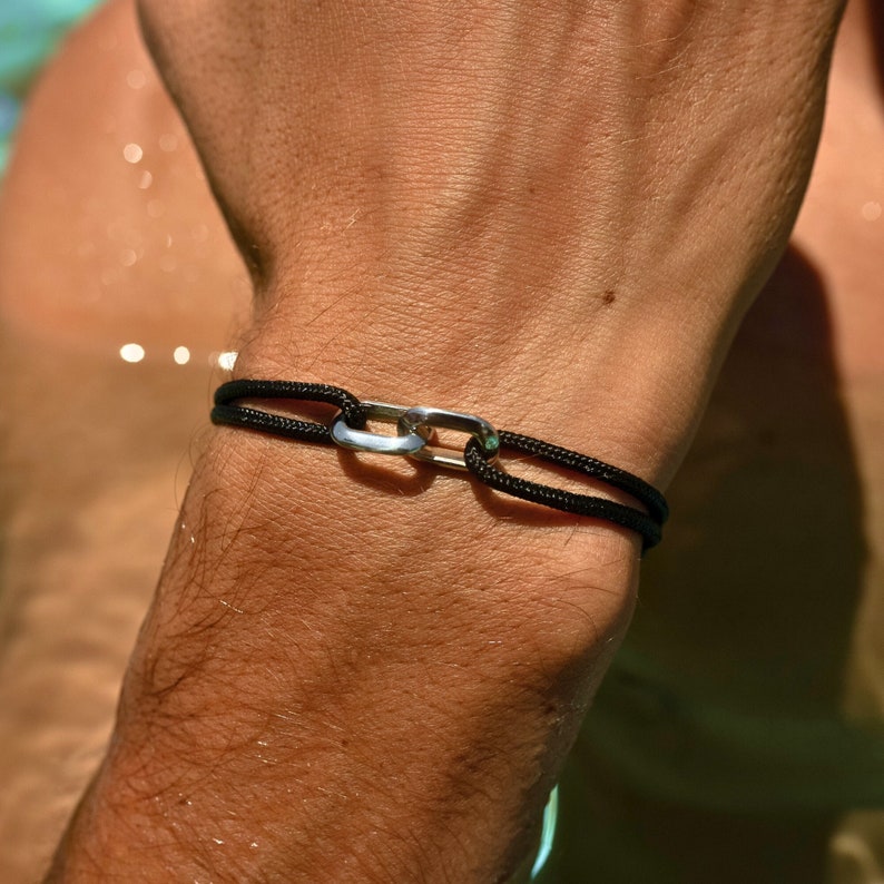 Herren Armband mit Edelstahl Verbinder Segeltau Armband Surfer Armband Verstellbar & Wasserfest Geschenk für Männer Sie Schwarz