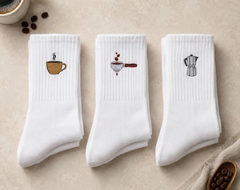 Coffee Socks • Funny Socks for Women & Men • White Embroidered Tennis Socks Made of Cotton • Witty Socks with Design