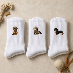 Funny Socks Women & Men • Sausage Dog Socks • Embroidered Socks • White Tennis Socks • Crew Socks with Motif