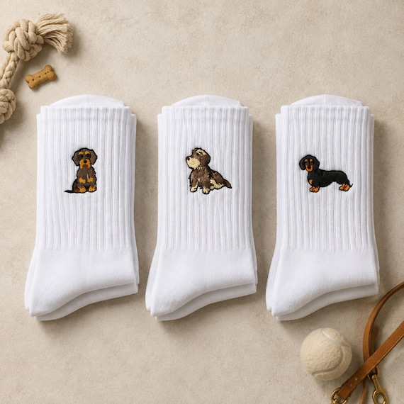 Lustige Socken Damen & Herren • Dackel Socken Bestickt • Weiße Tennissocken mit Motiv • Retro Tennis Socken • Witzige Socken