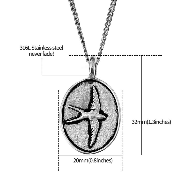 May include: Silver necklace with a round pendant featuring a stylized swallow in flight. The pendant measures 1.3 inches in diameter and 0.8 inches in width. The chain is made of 316L stainless steel, which is known for its durability and resistance to tarnishing.