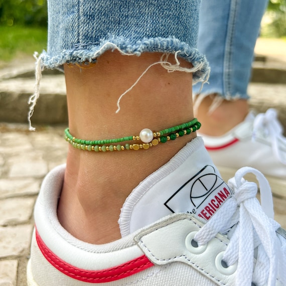 Fine Crystal Beads Anklet Green - Beautiful Boho Anklets Online