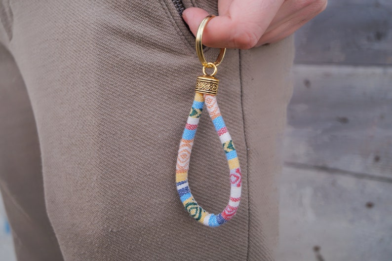 Boho Key Chain with Keyring Handmade Surfer Accessories Hippie Pocket Pendant Colored Friendship Gift for best Friend Yellow image 3