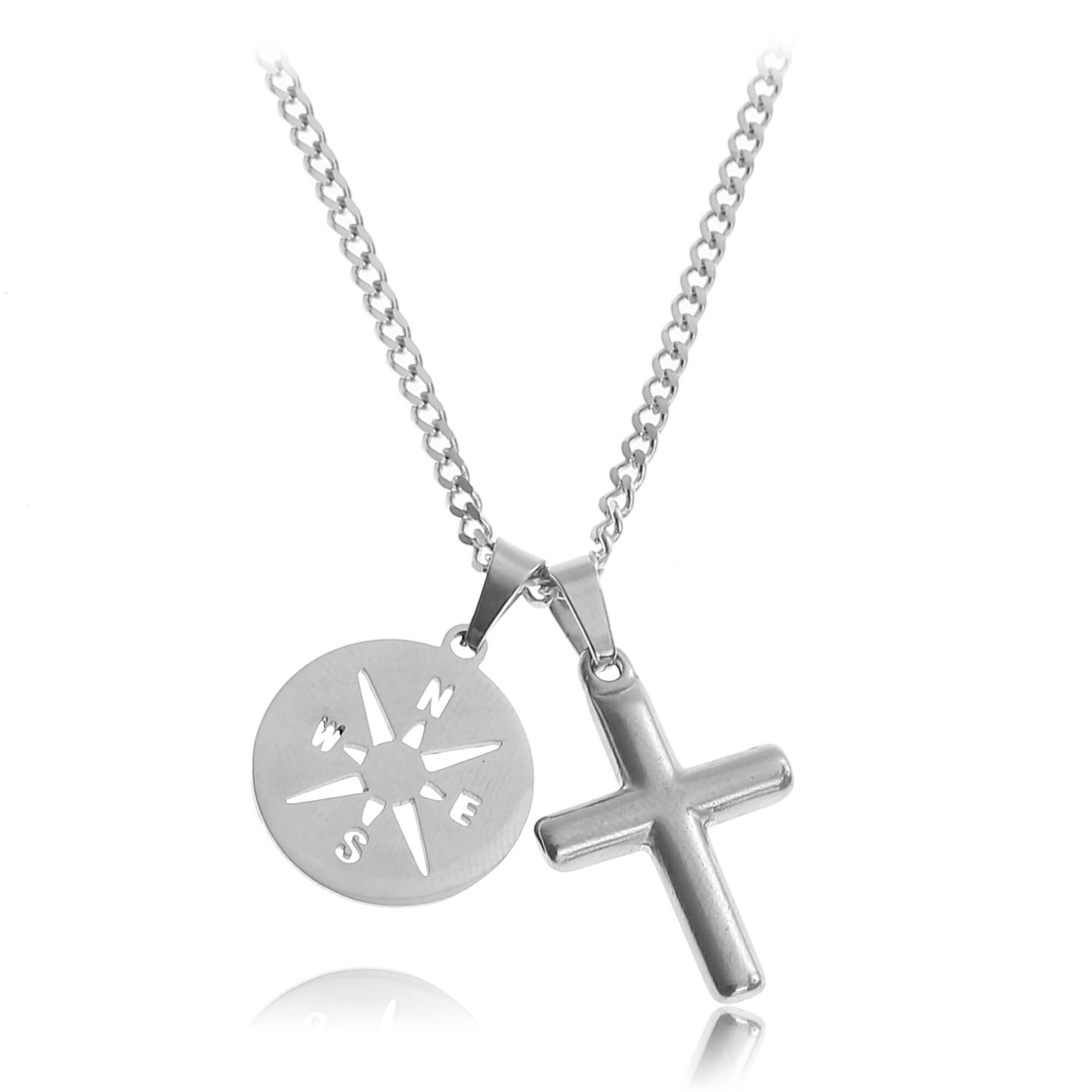 Stainless Steel Mens Necklace With Cross & Compass Pendant Etsy