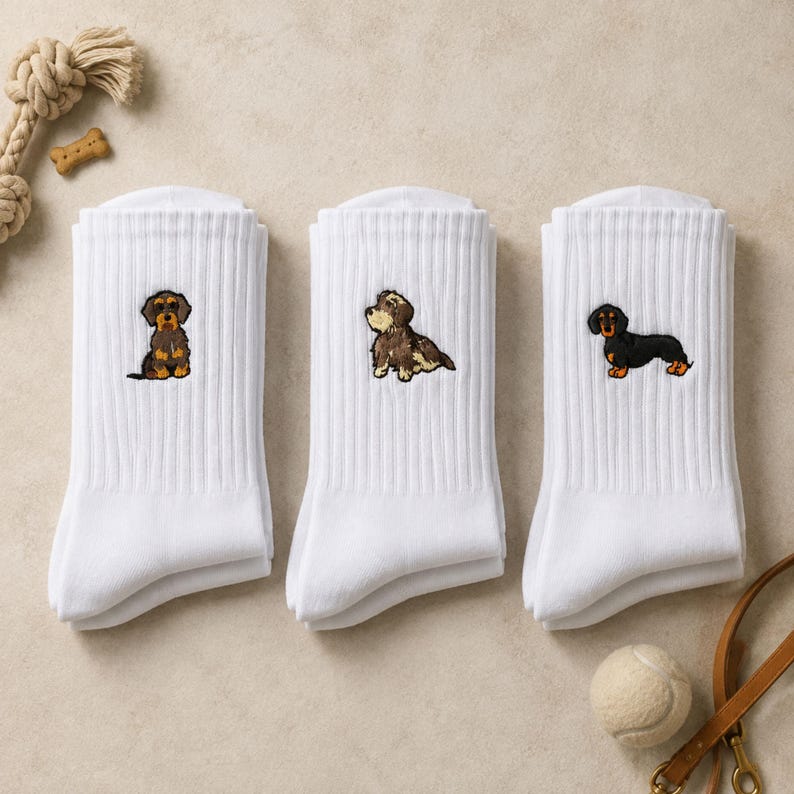 May include: Three pairs of white ribbed crew socks, each featuring a small embroidered dachshund dog. The first sock shows a brown and black wire-haired dachshund, the second a brown and white dog, and the third a black and tan dachshund.
