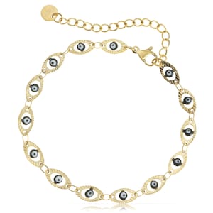 K&ouml;nnte beinhalten: Ein goldenes Kettenarmband mit einer Reihe ovaler Glieder, jedes mit einem schwarzen und wei&szlig;en b&ouml;sen Augen-Anh&auml;nger. Das Armband hat einen Karabinerverschluss.