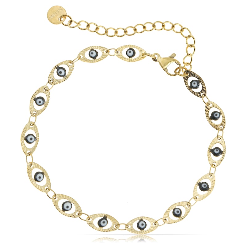 K&ouml;nnte beinhalten: Ein goldenes Kettenarmband mit einer Reihe ovaler Glieder, jedes mit einem schwarzen und wei&szlig;en b&ouml;sen Augen-Anh&auml;nger. Das Armband hat einen Karabinerverschluss.