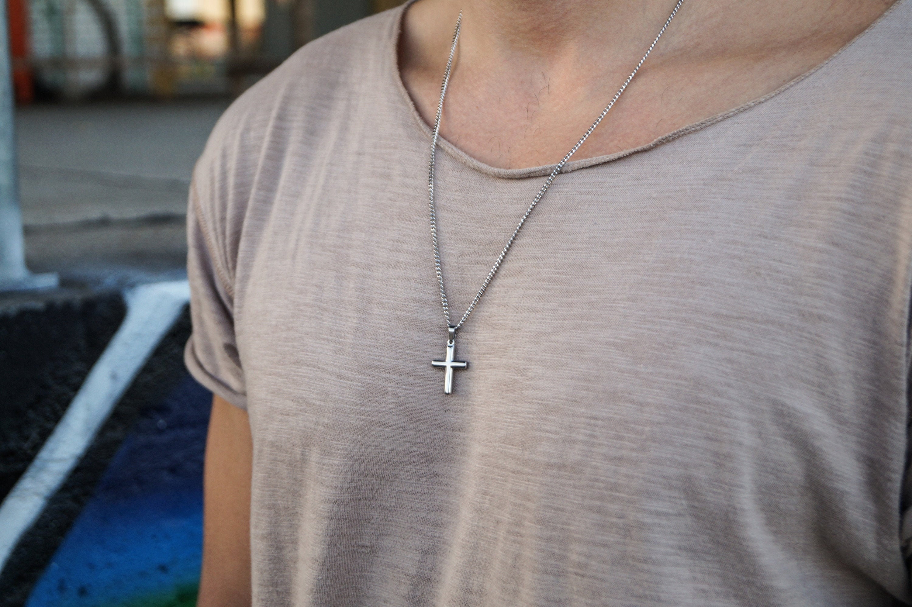 Stainless Steel Mens Necklace With Cross Pendant High Quality Silver Necklace for Men Birthday Present for Him Etsy
