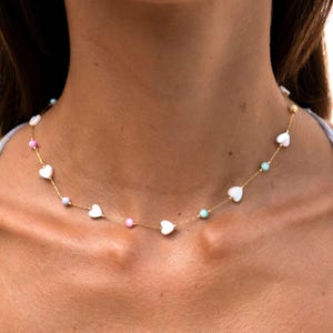 Herzkette mit Perlen • Halskette mit Herzen und Perlen • Sommer Schmuck • Boho Schmuck • Geschenk für Sie • Freundschaftskette Freundin