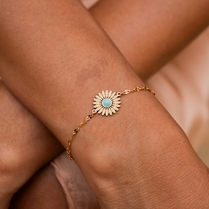 Boho Bracelet with Flower Pendant and Turquoise Stone • Stainless Steel Gold Chain Bracelet Women • Boho Jewelry