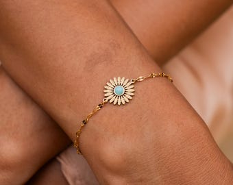 Boho Bracelet with Flower Pendant and Turquoise Stone • Stainless Steel Gold Chain Bracelet Women • Boho Jewelry