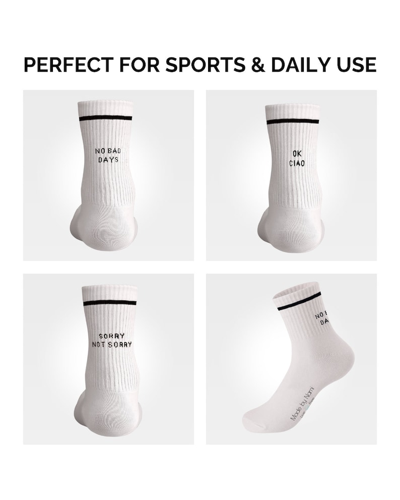 Weiße Tennissocken mit Spruch Retro Tennis Socken Weiss Crew Socks mit Print für Damen & Herren Lustige Socken Witzige Damensocken Bild 8