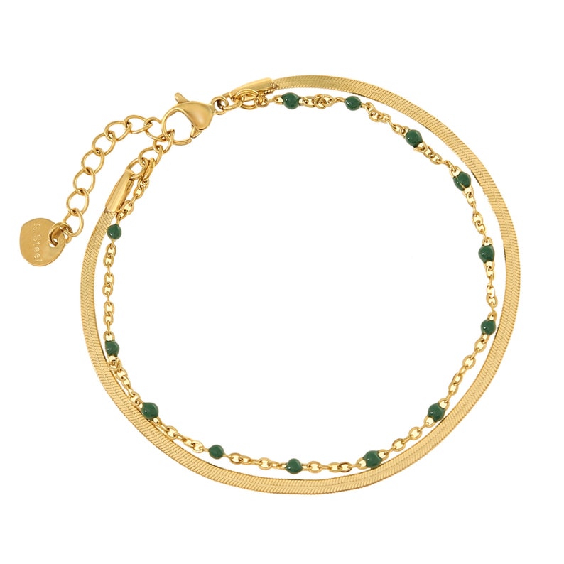 Minimalist Womens Bracelet with Beads Adjustable Cuban Link Chain Bracelet Fine Stainless Steel Bracelet Minimal Womens Jewelry グリーン