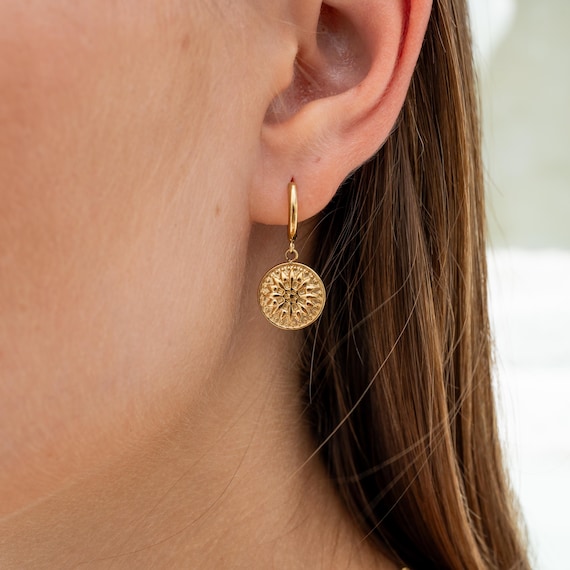 Set Hängende Ohrringe Boho • Mandala Ohrringe mit Sonnen Anhänger • Silber oder Gold Ohrringe • Geschenk für Sie • Sonnen Ohrringe Hängend