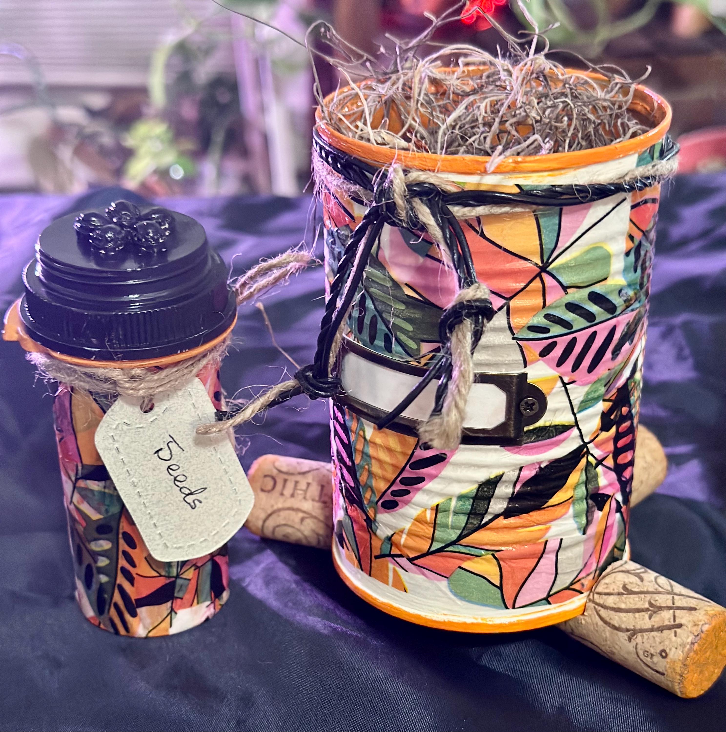Whimsical Decorated Tin Can Flower Pots With Matching Gardening Seed ...