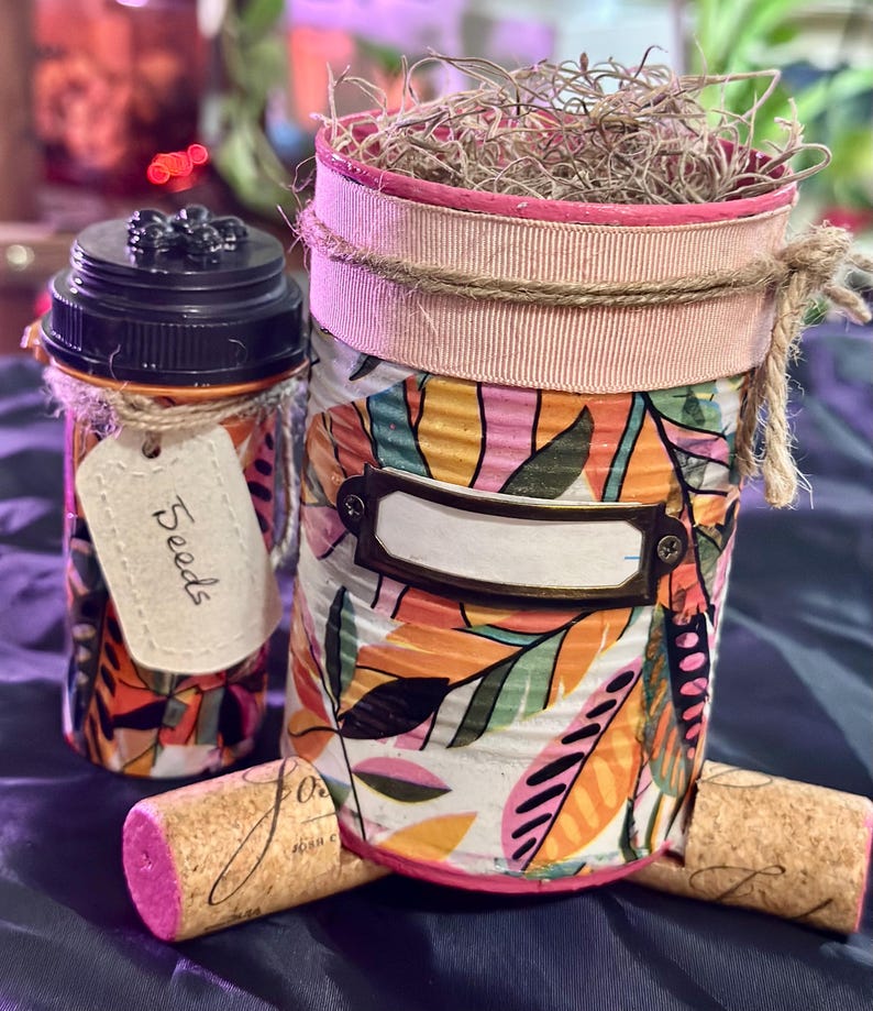 Whimsical Decorated Tin Can Flower Pots With Matching Gardening Seed ...