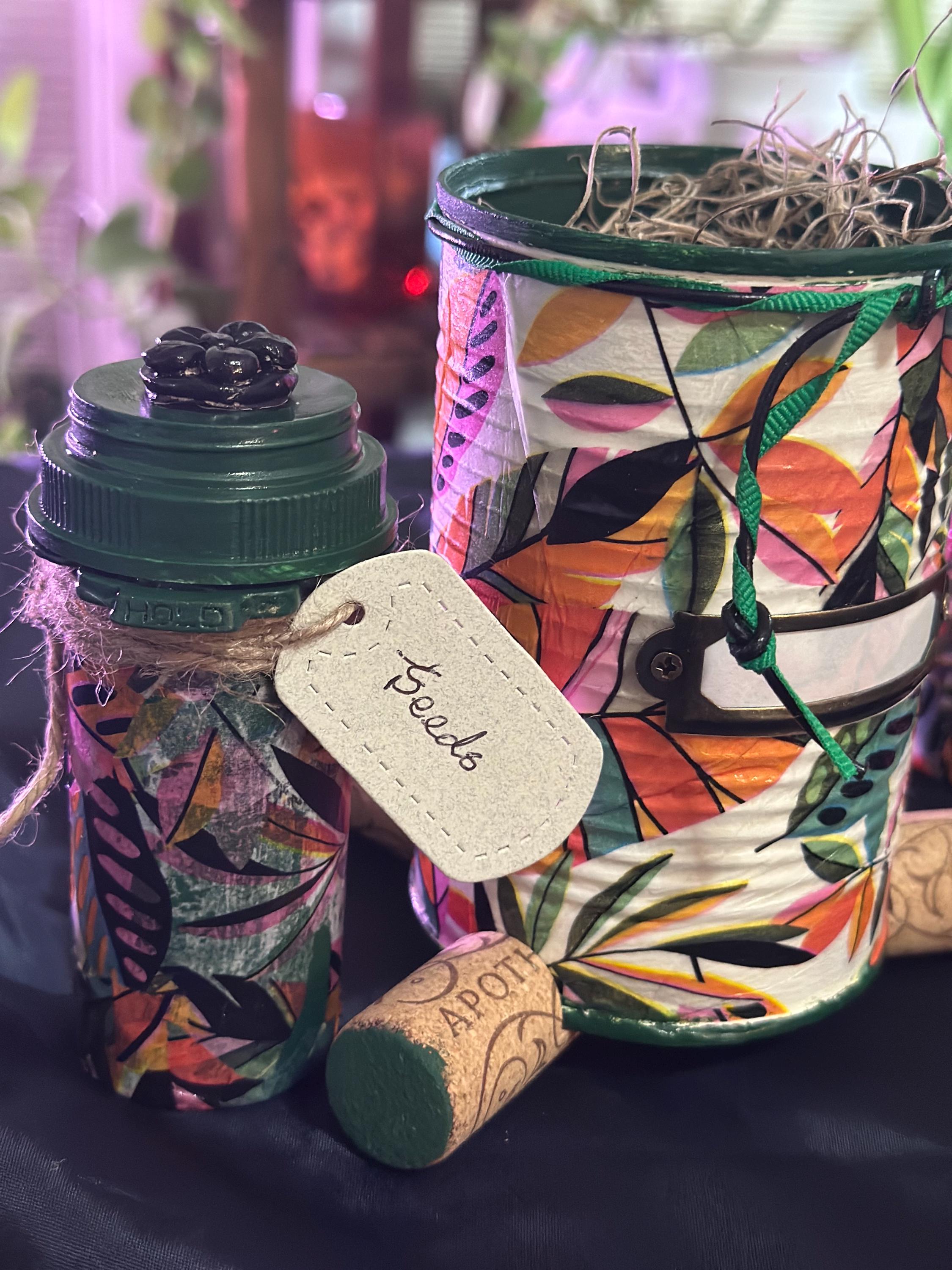 Whimsical Decorated Tin Can Flower Pots With Matching Gardening Seed ...