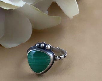 Malachite and silver dainty ring, string of stars band, triangle ring, great girl gift, sterling silver jewelry made in Santa Fe with love