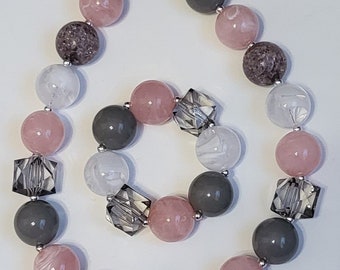 Pink & Gray  Necklace and Bracelet, Girls Chunky Necklace, Baby Chunky Necklace, Necklace for Girls