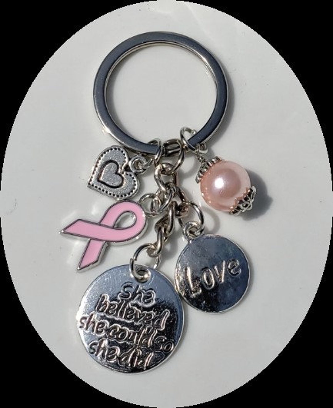 Breast Cancer Awareness Silver Key Chain, Pink Ribbon, Heart, Love Pink ...