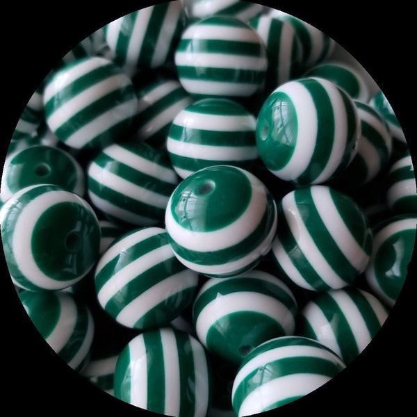 20mm Green & White Striped Chunky Bubblegum Beads Set of 10    B17