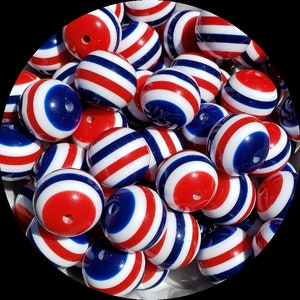 20mm Blue, Red, White Striped Chunky Bubblegum Beads Set of 10   B47