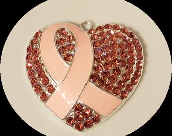 Pink Ribbon Heart Rhinestone Pendant -48mm Zinc Alloy