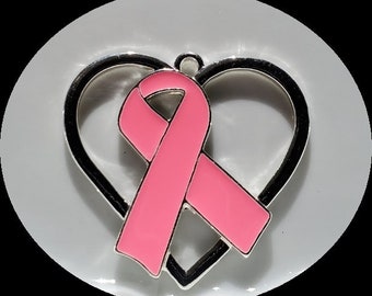Pink Ribbon Heart Pendant   Zinc Alloy   1 1/2" x 1 1/2"