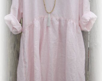 Pale Pink Linen Dress, one size fits most, natural fabric, long sleeves, also avail in smaller sizes.