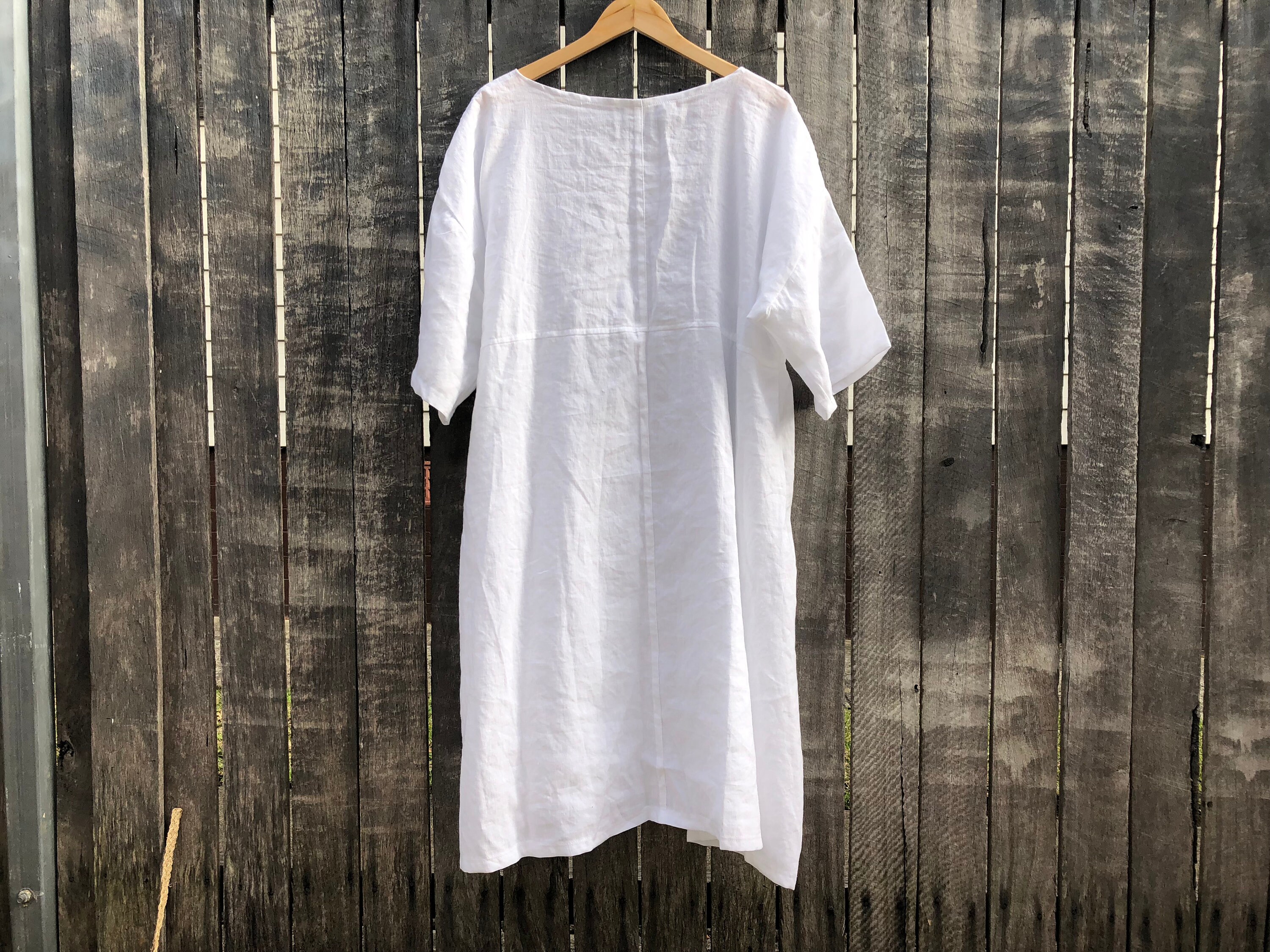 Linen Dress White One Size Fits Most, Natural Fabric, Mid Sleeves, Also