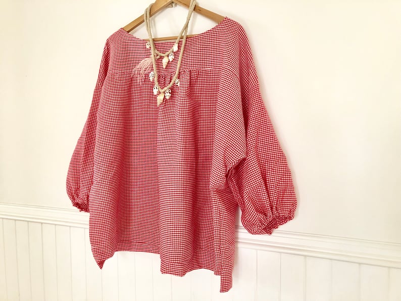 Red Gingham Marta Blouse in Natural Cotton free size one size fits most plus size