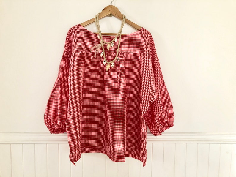 Red Gingham Marta Blouse in Natural Cotton free size one size fits most plus size