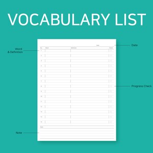 May include: A printable vocabulary list template with sections for word and definition, date, progress check, and notes.